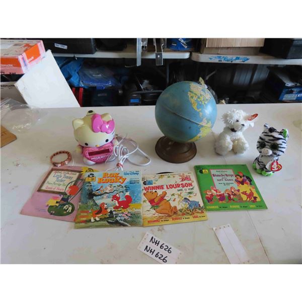 Hello Kitty Clock, Small Metal Globe, 3 French Disney Records + Books, 2 Beanies