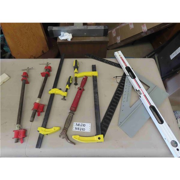 Assorted Clamps, Nail Puller, Starrett Level, 2 Squares