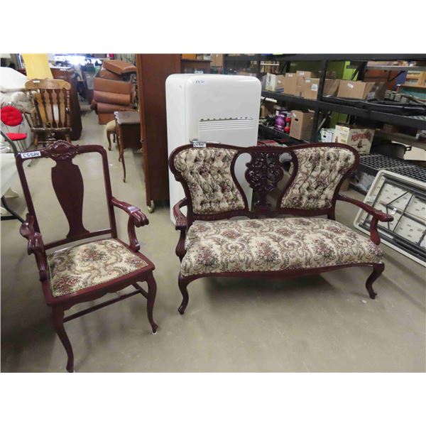 Very Detailed Carved Wood Cloth Covered Settee 54" Wide - Almost Matching