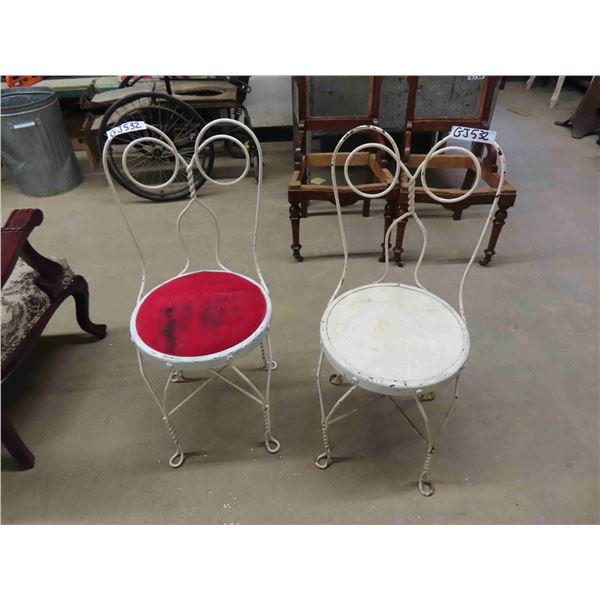 2 Soda Parlour Chairs, Wrought Iron One Has Red Upholstered Seat
