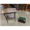 Image 1 : Oak Side Table with Shelf + Small Foot Stool Storage Box - Table is 17" x 26" x 29" 