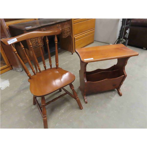 Wood Side Chair + Pine Magazine Stand/ Table 13" x 23.5" x 24" 