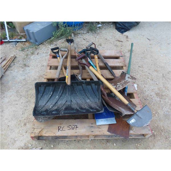 Pallet with Assorted Shovels, Scraper, Edger, Hoe