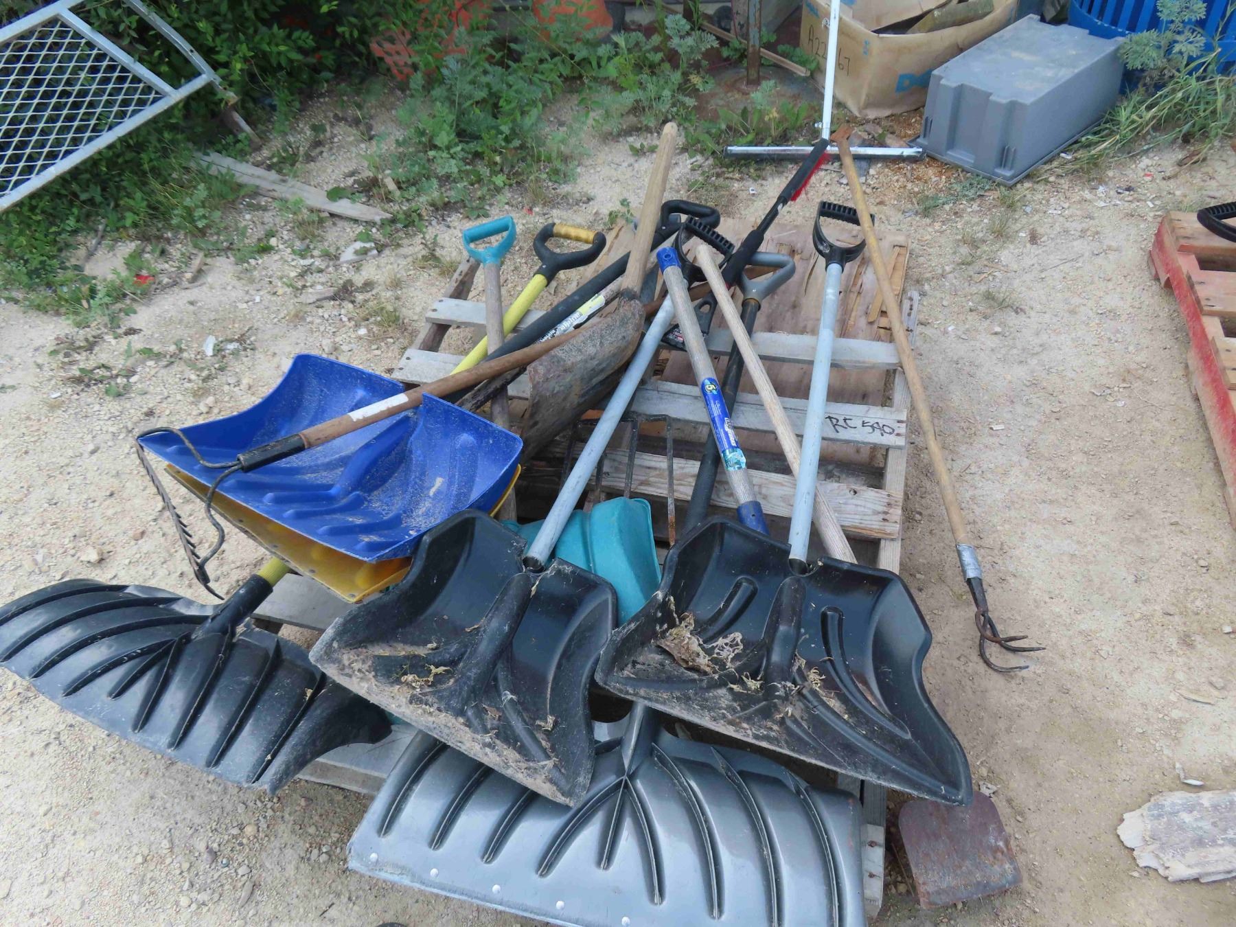 Pallet with Mostly ; Shovels, Potato Fork, chopper, Cultivator, Rake