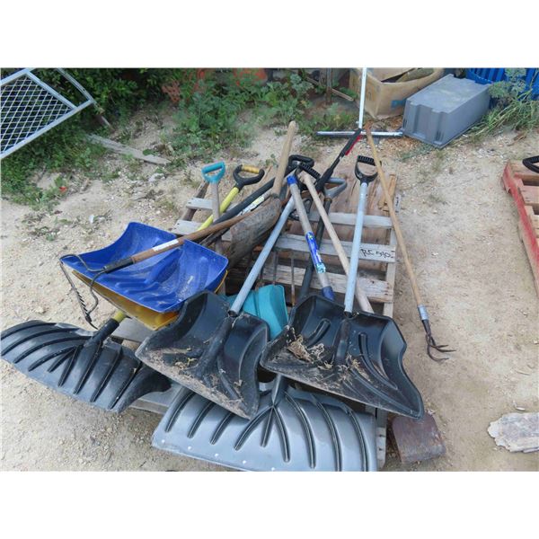 Pallet with Mostly ; Shovels, Potato Fork, chopper, Cultivator, Rake