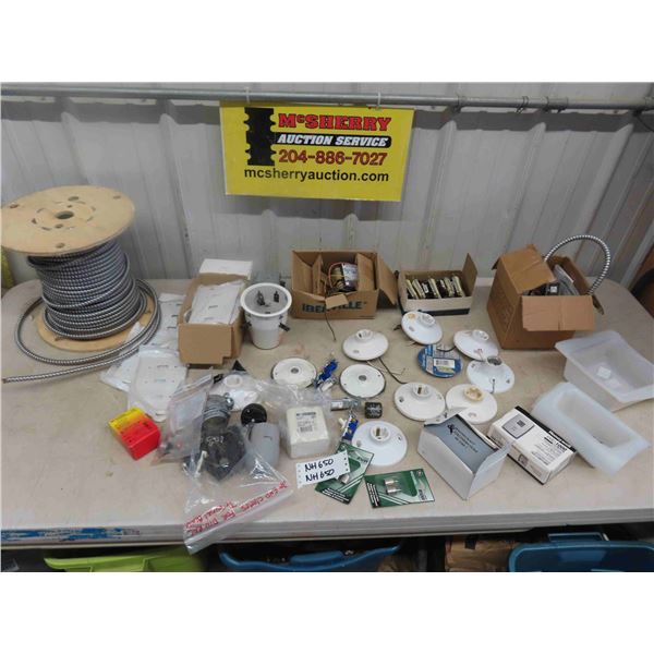 Variety of Electrical Parts; Partial Roll of Wire BX Cable, Switches, Light Sockets, 