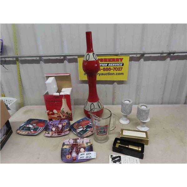 Vases, Beer Pitcher, Christmas Plate, Brass Wine Opener, Candle Holder 