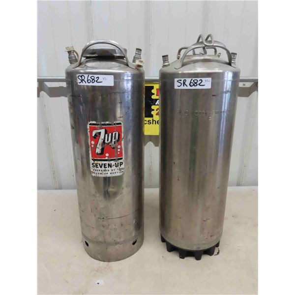 2 Large Chrome Syrup Premix Canisters - 1 Has 7Up Logo, 24.5" Tall