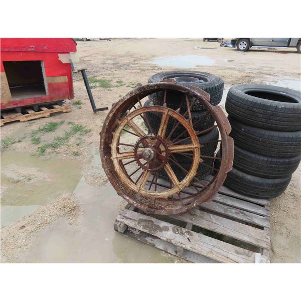 Vintage Steel Equipment Wheel with Gem + Chain Cog 10" x 34" 