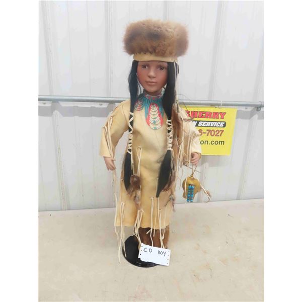 Indigenous Character in Hand Stitched Deer Hide Outfit with Porcelain Face - 29" Tall