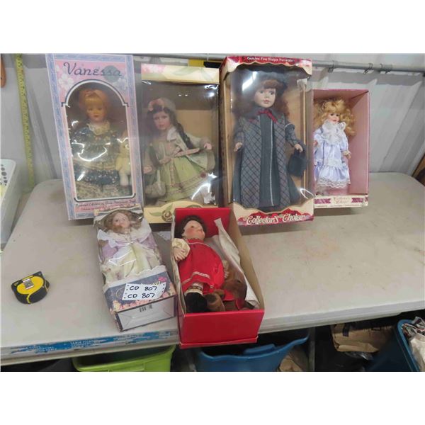 6 Porcelain Dolls with Boxes 15" to 20" Tall 