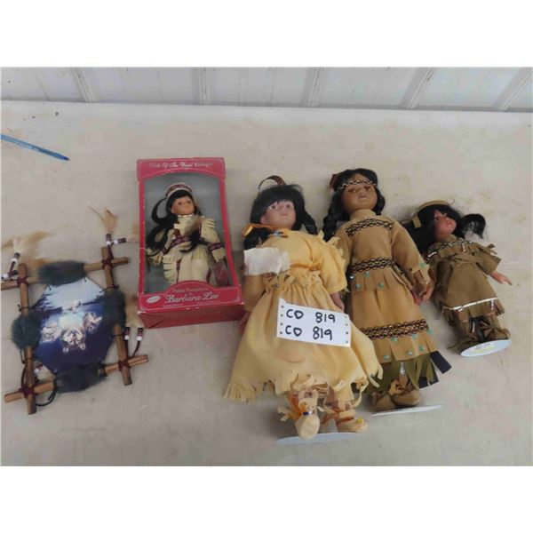 4 Indigenous Styled Porcelain Dolls- 1 with Box 9" to 16" Tall 