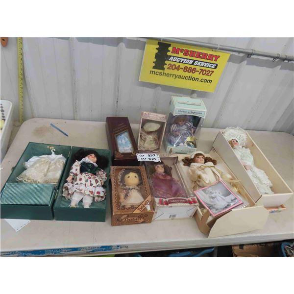 8 Porcelain Dolls with Boxes - 9" to 11" Tall 