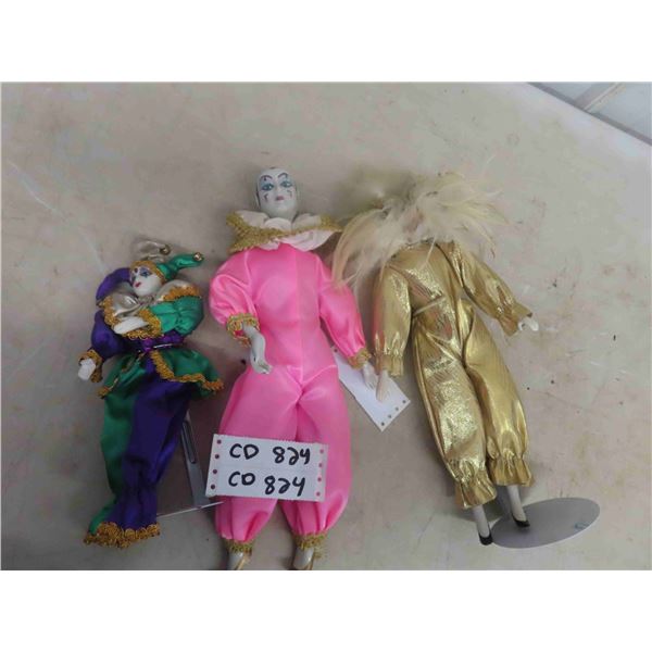 3 Porcelain Clown Dolls or Mime 9" to 16" 