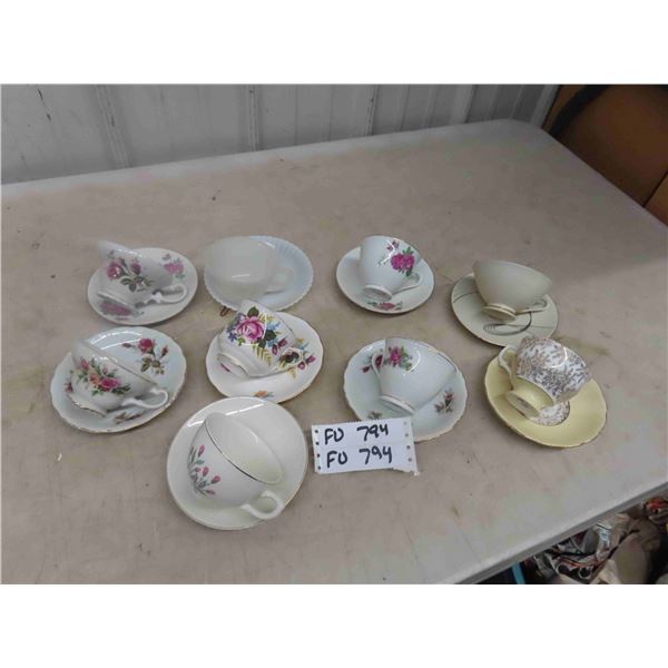 9 Cups + Saucer China Pairs; Queen Anne, Bavaria, Royal Vale, plus others