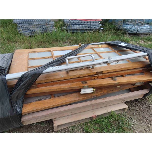 Pallet of Assorted Doors - 1 With Frame - 5 Wood with Multi Glass Panes