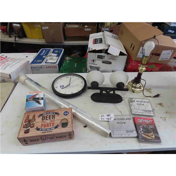 Odds  n Ends of Things ; Beer Tasting Kit, Clock with Pinnacle Advertising, Light, Mirror 