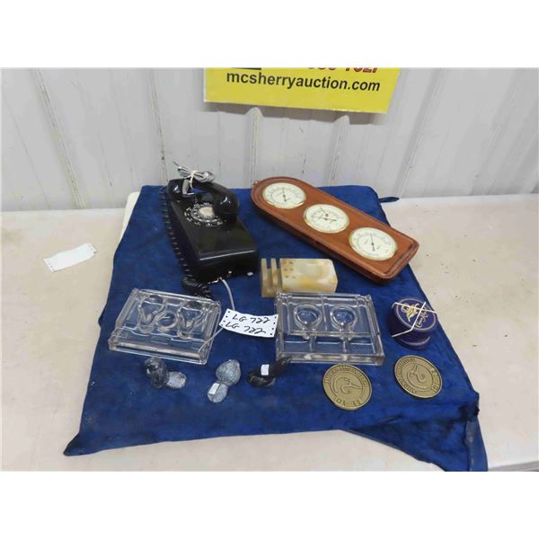 Wall Mount Rotary Phone, Barometer, Desk Ink Set, Carvings Soapstone Style