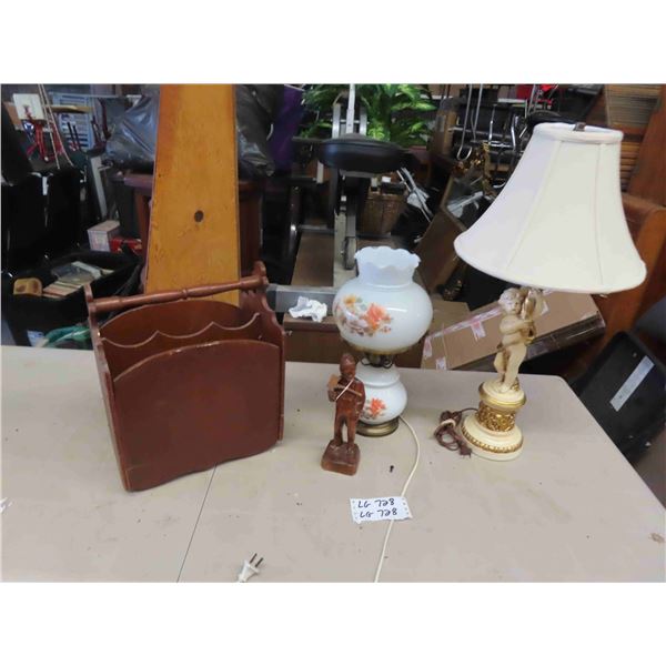 Figurine Lamp - Electric, Magazine Rack, Wood Carved Figure