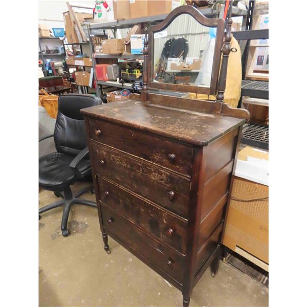 Antique 4 Drawer Dresser 17" x 32" x 47" with Mirror 17" x 21" -on Casters