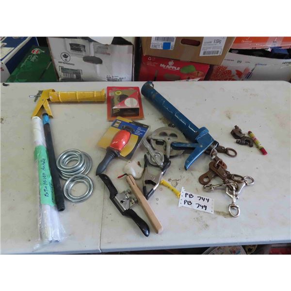 Mix of Carpentry Items ; Caulking Gun, Brick Layer Line, Snaps, Rings, Plane, plus more