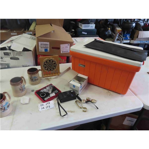 Coleman Cooler, Mini Dart Board, Mugs, Minolta Camera, Men's Watch