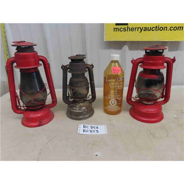 3 Barn Lanterns, Jug of Lamp Oil