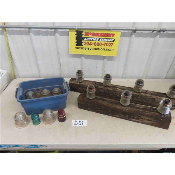 2 Wood Boards with Glass Telephone Insulators, 11 Various 