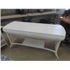 Image 3 : White Wicker Patio Couch 85" Wide, Table 19" x 30" x 56", Ottoman + Round 
