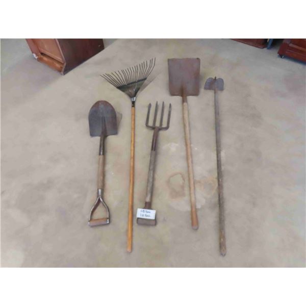 5 Yard Tools; Shovel, Spade, Rakes, Hoe, Potato Fork