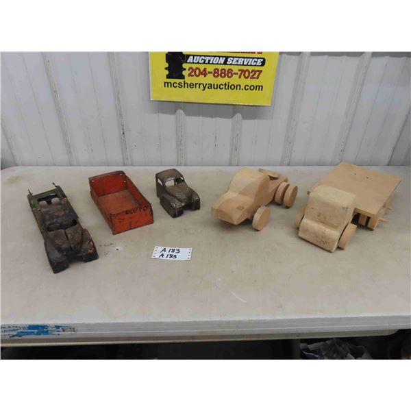 2 Wooden Trucks, Pressed Metal Truck Parts - Lincoln??