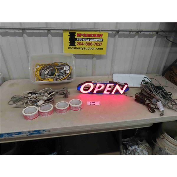 Plastic Bin with Many Extension Cords, LED Open Sign, Speciality Tape