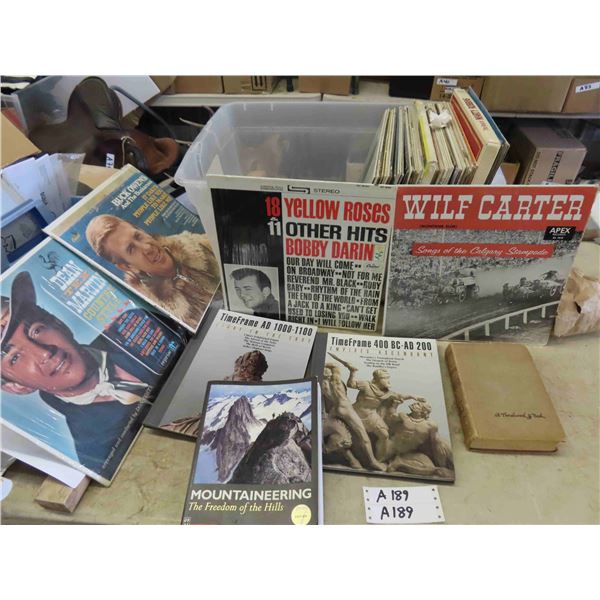 Plastic Tote with Country Records, History Books, Mountain Climbing Book