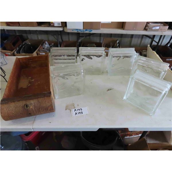 Antique Wood Drawer, 6 Glass Blocks