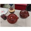 Image 3 : 2 Pottery Bean Pots, Pottery Tea Pot, Mustard Jar, Glass Rolling Pin, Glass Bowl, 