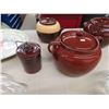 Image 5 : 2 Pottery Bean Pots, Pottery Tea Pot, Mustard Jar, Glass Rolling Pin, Glass Bowl, 