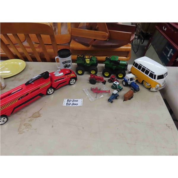 VW Large Wheel Die Cast Bus, Hot Wheels Car Carrier, 2 Tractors, Assorted Small 