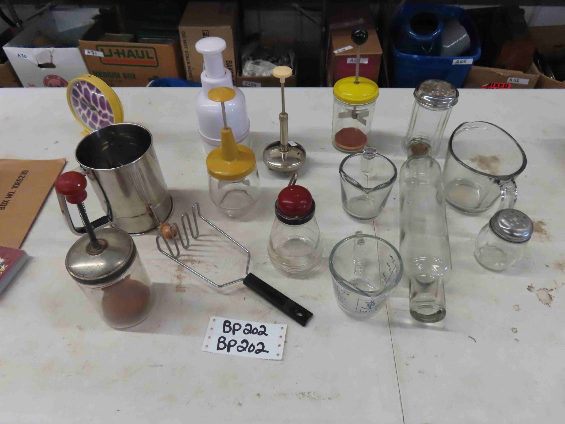 Various Glass Kitchen Items; Measuring Cups, Rolling Pin, Choppers ...