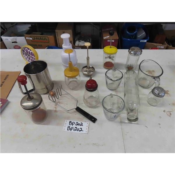 Various Glass Kitchen Items; Measuring Cups, Rolling Pin, Choppers, Parmesan Shakers, 
