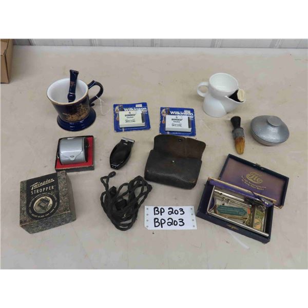 Assorted Vintage Shaving Stuff; Brushes, Cup, Electric Razor, Sharpener, Stroppers, 