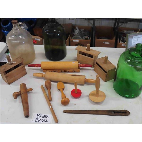 3 Glass Jugs, Butter Presses, Rolling Pins, Spigot, Wooden Utensils