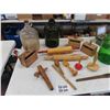 Image 7 : 3 Glass Jugs, Butter Presses, Rolling Pins, Spigot, Wooden Utensils