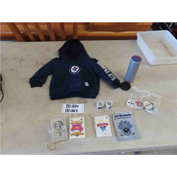 WPG Jets Mini Hoodie, Assorted Batman Pogs, McDonalds Hockey Cards, Small 