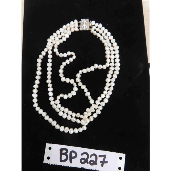 Beautiful 3 Strand Pearl Necklace - Clasp Marked 925
