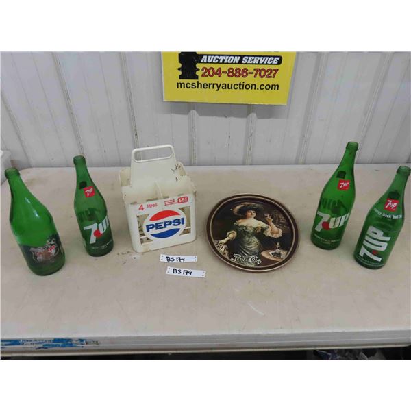 3 Vintage 7Up Bottles, Plastic Pepsi Carrier, Pepsi Tray, Canada Dry Bottle