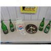 Image 1 : 3 Vintage 7Up Bottles, Plastic Pepsi Carrier, Pepsi Tray, Canada Dry Bottle