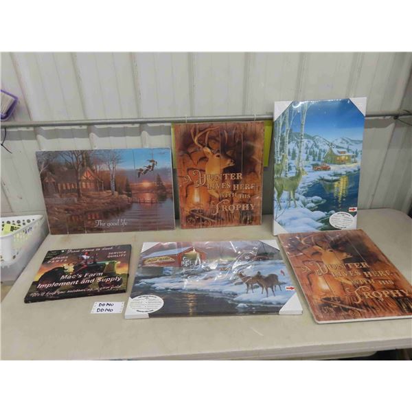 6 Assorted Wall Art Items - Some Painted Hardboard, Several Canvas, Some Have
