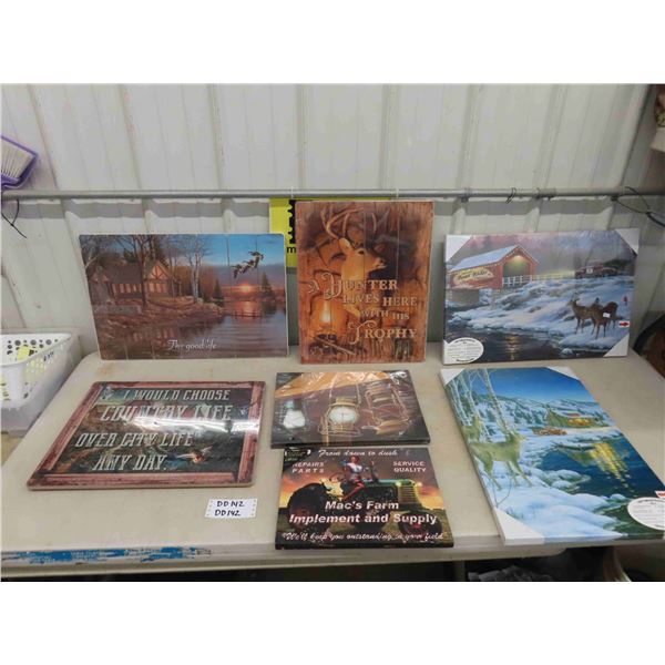 7 Assorted Wall Art Items - Some Painted Hardboard, Some Canvas, Some with 
