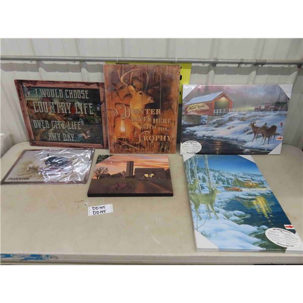 6 Assorted Wall Art Items - Some Painted Hardboard, Canvas + Tin , Some Have LED