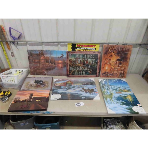 7 Assorted Wall Art Items - Some Painted Hardboard, Canvas + Tin , Some Have LED